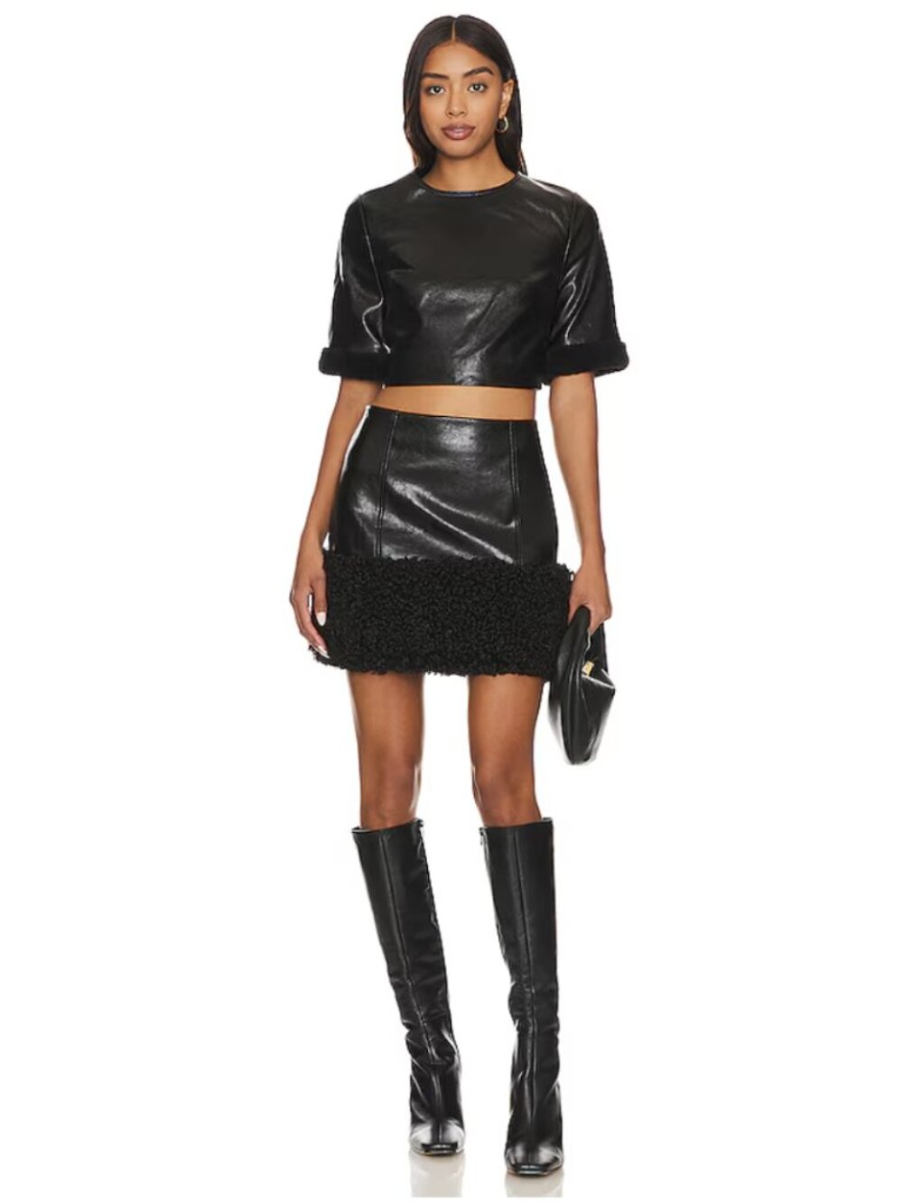 MILLY Crinkled Faux Leather Sherpa Fur Top & Skirt Set - Size P/2